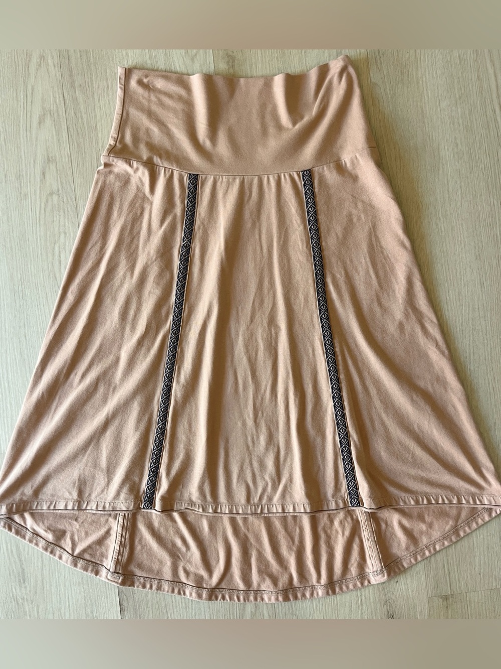 Prana High-Low A-Line Skirt in clay color with blue boho Trim - Picture 2 of 5
